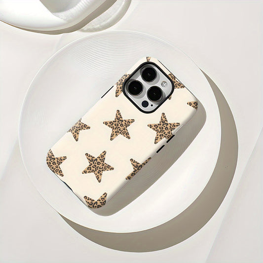 1pc Leopard Print Star Pattern Chic Cool Two-In-One Film Case - Tough, Dual Layered Case for Durable, Drop-proof - for iPhone 17, 16, 15, 14, 13, 12, 11, 8, 7, X, XS, XR, Plus, Air, Pro, Max, Mini, SE2, SE3, Perfect Gift for Friends Family Loved Ones, Ph