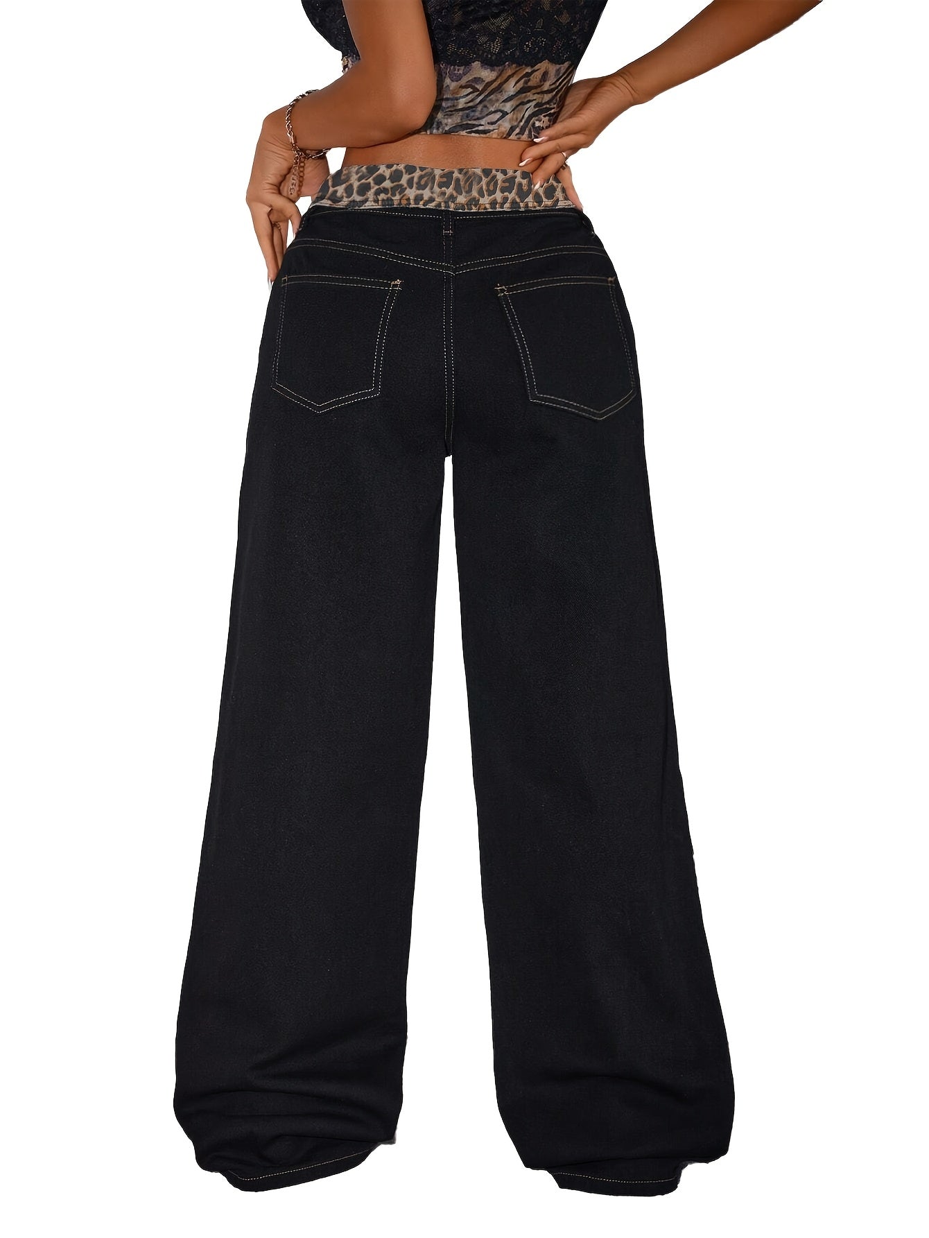 [Elegant Wide-Leg Jeans] Women's Elegant Casual Wide-Leg Jeans | Low-Rise, Black, Button Closure, Non-Stretch Fabric, Long Length, Weekend Wear, Street Style