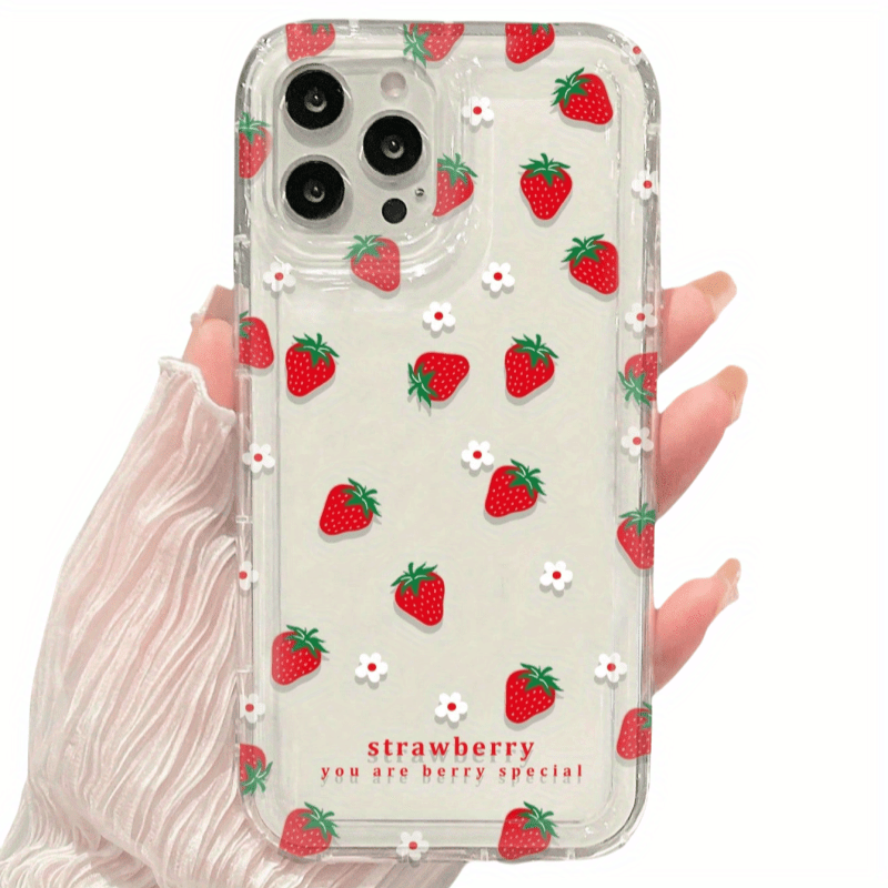 1pc Red Strawberry White Flower Shockproof Transparent Soft Phone Case Suitable for iPhone 16, 15, 14, 13, 12, 11 Pro Max, 14 Plus, 15 Plus, XS, XR, X, 8, 7, SE 2020
