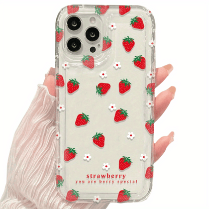 1pc Red Strawberry White Flower Shockproof Transparent Soft Phone Case Suitable for iPhone 16, 15, 14, 13, 12, 11 Pro Max, 14 Plus, 15 Plus, XS, XR, X, 8, 7, SE 2020
