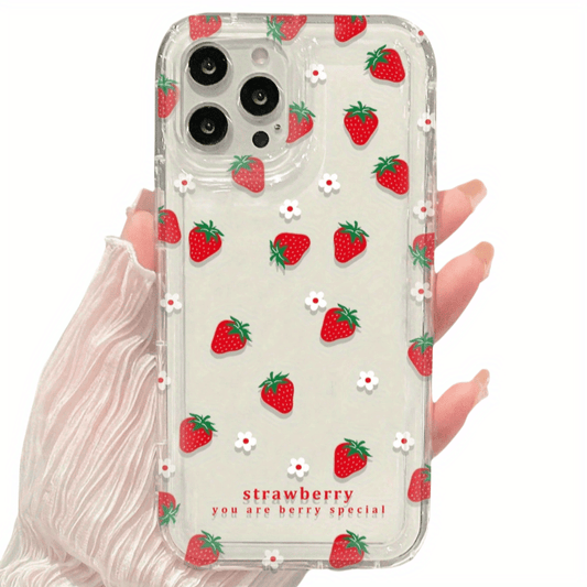 1pc Red Strawberry White Flower Shockproof Transparent Soft Phone Case Suitable for iPhone 16, 15, 14, 13, 12, 11 Pro Max, 14 Plus, 15 Plus, XS, XR, X, 8, 7, SE 2020