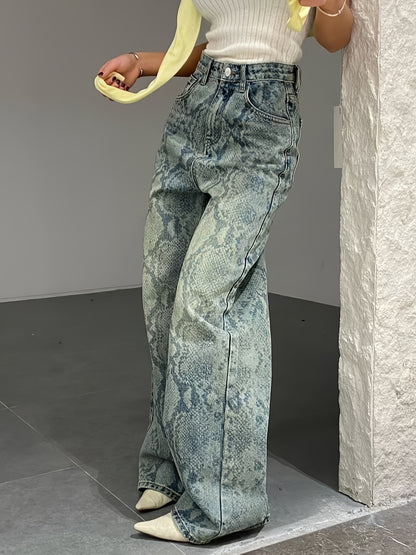 Women'S Snake Print Straight-Leg Jeans - High-Waisted, Loose Fit, Light Blue Denim with White Accents, Casual Style, All-Season Comfort, Comfortable Fashion | Relaxed Fit Jeans | Nonstretch Fabric