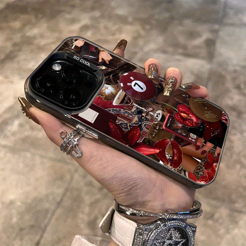 Gorgeous Lip Print Leopard Cherry Blossom Pattern Suitable for TPU Case for iPhone 16 Pro Max, iPhone 15 Pro Max/14/16 Plus/13 Pro/12/11/X/XR/XS Max Durable Anti-Drop Colorful Silvery PC Protective Cover High Aesthetic Design