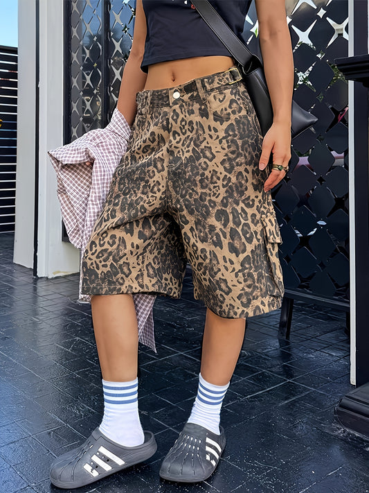 Leopard Print Cargo-Style Lace-Up Shorts
