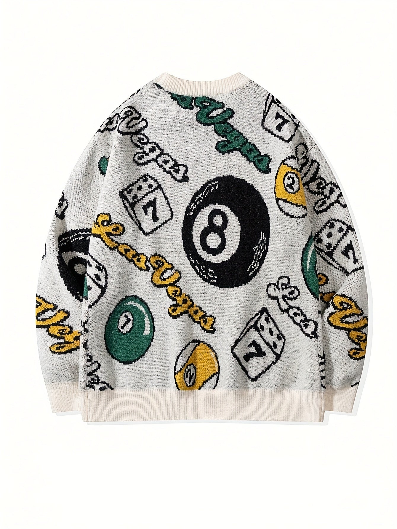 Men's & Women's Streetwear Graphic Knit Sweater - Bold Letter & Dice Print, Oversized Drop Shoulder Fit, Soft Stretch Fabric, Round Neck Long Sleeve Pullover for Autumn Winter Casual Wear, Knitted Sweater, Autumn Winter Apparel