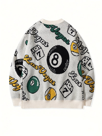 Men's & Women's Streetwear Graphic Knit Sweater - Bold Letter & Dice Print, Oversized Drop Shoulder Fit, Soft Stretch Fabric, Round Neck Long Sleeve Pullover for Autumn Winter Casual Wear, Knitted Sweater, Autumn Winter Apparel