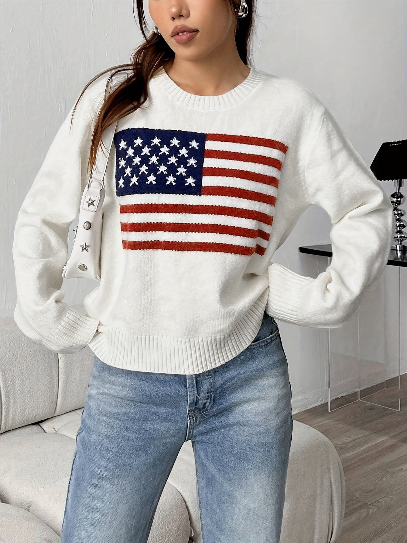[American Flag Sweater] Elegant Women's American Flag Print Sweater | Loose Fit Round Neck Long Sleeve Top with Red & White Contrast, Semi-Sheer Fall Winter Fashion, Hand Wash/Dry Clean, Classic Sweater for Ladies, Casual Wear, Texture