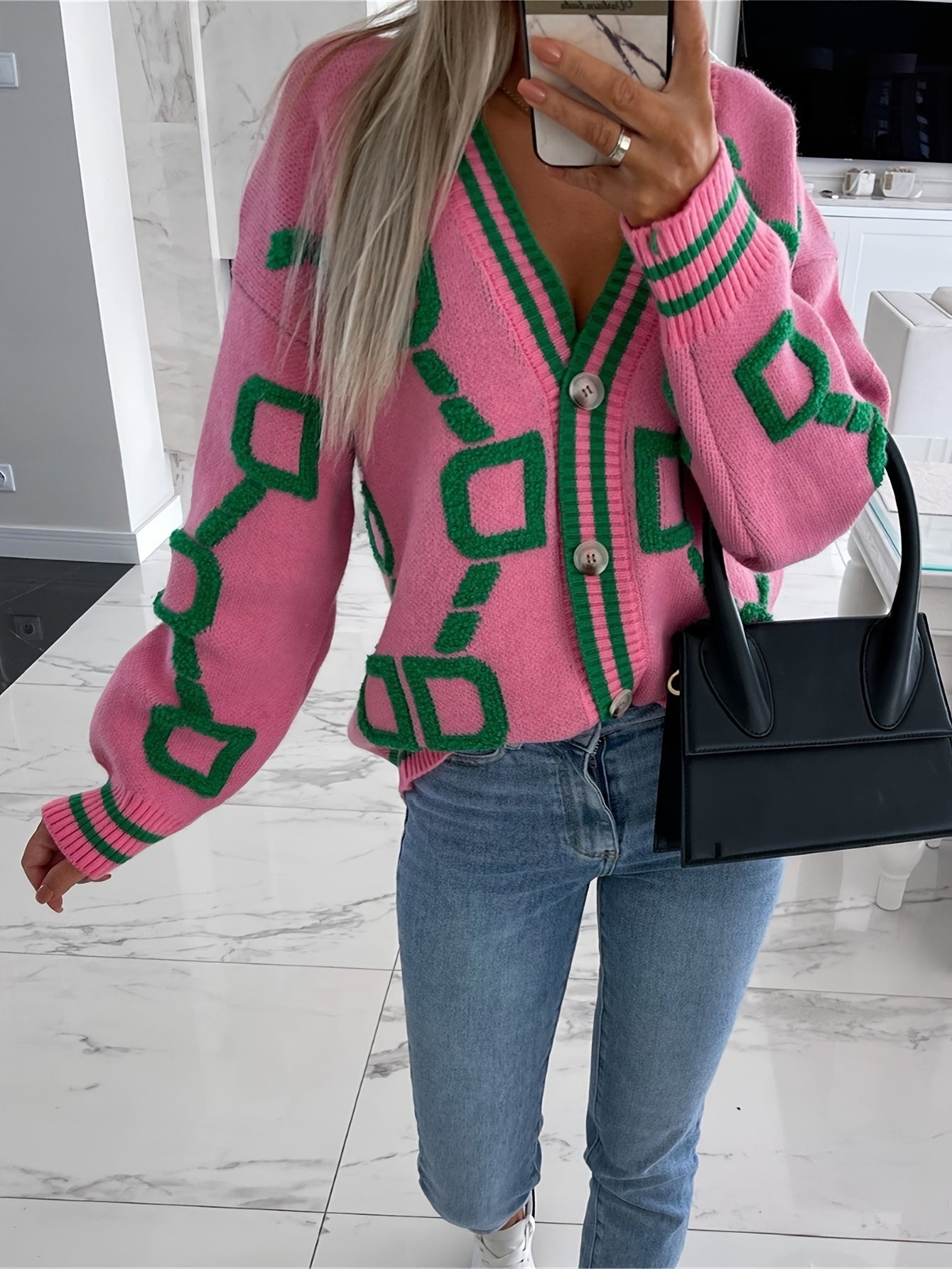 For Fall & Winter, V-Neck Button Up Color Block Knit Cardigan, Casual Tops, Women's Clothing