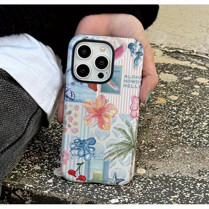 Vintage Collage Flower and Palm Tree Design Glossy 2-in-1 Phone Case for iPhone 16 Pro Max, 15 Plus, 13, 11, 12, XS, 8 Plus, 7