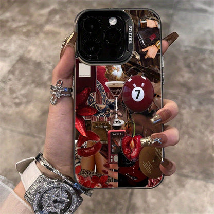 Gorgeous Lip Print Leopard Cherry Blossom Pattern Suitable for TPU Case for iPhone 16 Pro Max, iPhone 15 Pro Max/14/16 Plus/13 Pro/12/11/X/XR/XS Max Durable Anti-Drop Colorful Silvery PC Protective Cover High Aesthetic Design