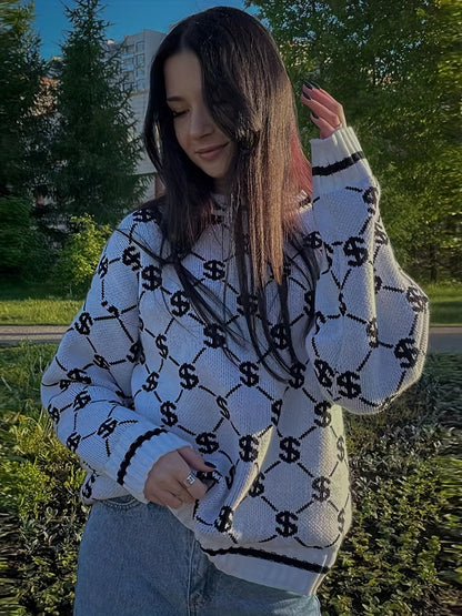 Oversized Crew Neck Long Sleeve Dollar Pattern Pullover Sweater, Casual Warm Women's Clothing