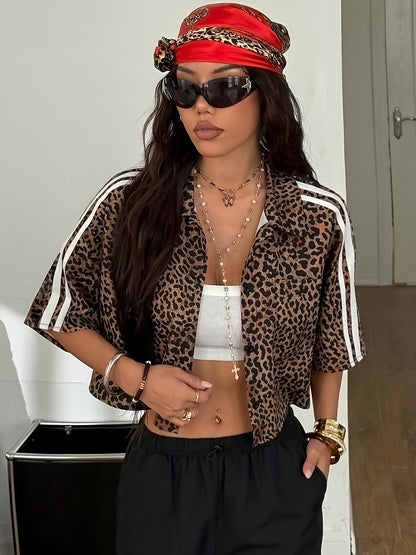 Women'S Y2K Leopard Print Crop Top with Button Details - Black & Brown Animal Print Shirt, White Cropped Tank, Black Pants, Red Headband, Layered Necklaces, and Accessories, Casual Chic Outfit, Casual Chic Outfit | Y2K Fashion | Button Detail Shirt