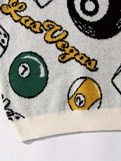 Men's & Women's Streetwear Graphic Knit Sweater - Bold Letter & Dice Print, Oversized Drop Shoulder Fit, Soft Stretch Fabric, Round Neck Long Sleeve Pullover for Autumn Winter Casual Wear, Knitted Sweater, Autumn Winter Apparel