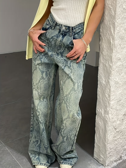 Women'S Snake Print Straight-Leg Jeans - High-Waisted, Loose Fit, Light Blue Denim with White Accents, Casual Style, All-Season Comfort, Comfortable Fashion | Relaxed Fit Jeans | Nonstretch Fabric