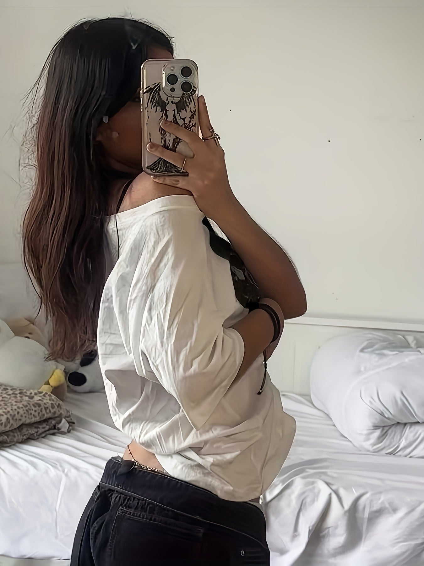 [Edgy Hip-Hop Tee] Edgy Women's Street Hip-Hop Graphic T-Shirt | Off-Shoulder Top, High-Stretch Loose Fit Casual Streetwear for Spring Summer Fall - Hip Hop T Shirt, Seasonal Fashion, Straps As Accessories, Comfortable Clothing