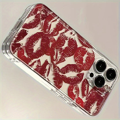 1pc Full Screen Red Lip Print Transparent Space Phone Case, Suitable for iPhone 11 12 13 14 15 16 XS XR X 7 8 Plus Pro Max SE Series, Perfect as a Gift for Yourself or Friends