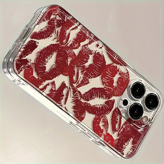 1pc Full Screen Red Lip Print Transparent Space Phone Case, Suitable for iPhone 11 12 13 14 15 16 XS XR X 7 8 Plus Pro Max SE Series, Perfect as a Gift for Yourself or Friends