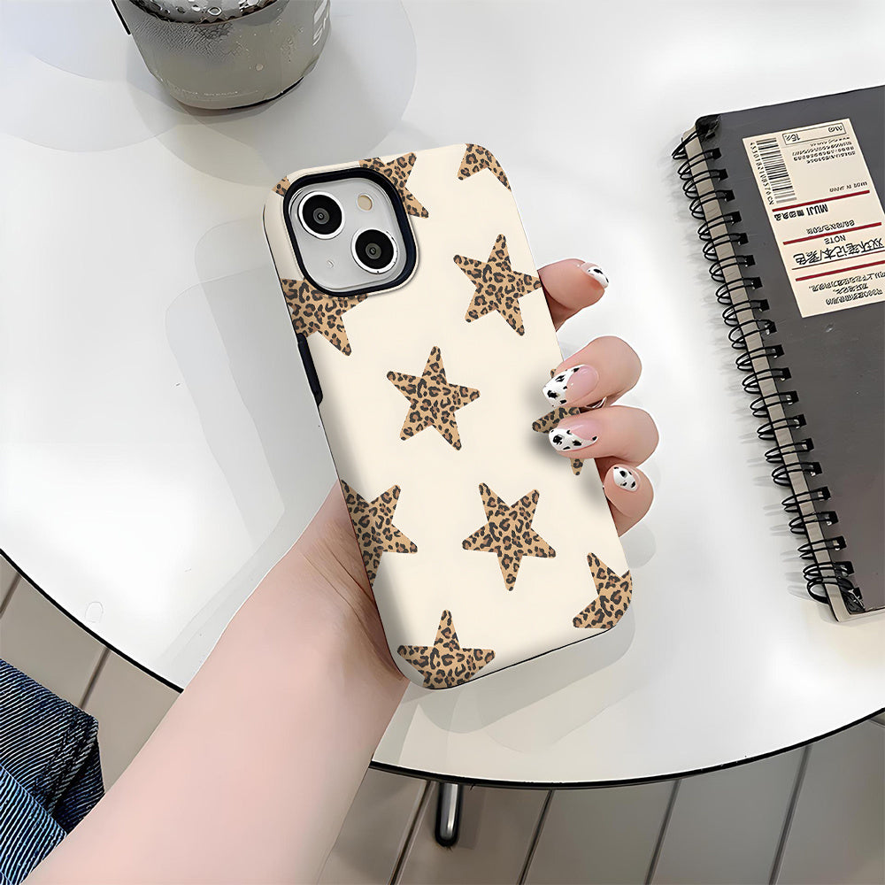 1pc Leopard Print Star Pattern Chic Cool Two-In-One Film Case - Tough, Dual Layered Case for Durable, Drop-proof - for iPhone 17, 16, 15, 14, 13, 12, 11, 8, 7, X, XS, XR, Plus, Air, Pro, Max, Mini, SE2, SE3, Perfect Gift for Friends Family Loved Ones, Ph