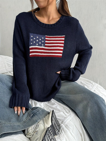 [American Flag Sweater] Elegant American Flag Sweater | Women's Geometric Pattern Round Neck Long Sleeve - Red White & Blue Casual, All-Season Comfort, Hand Wash/Dry Clean, Everyday Comfort, Versatile Fashion, Comfortable Fit