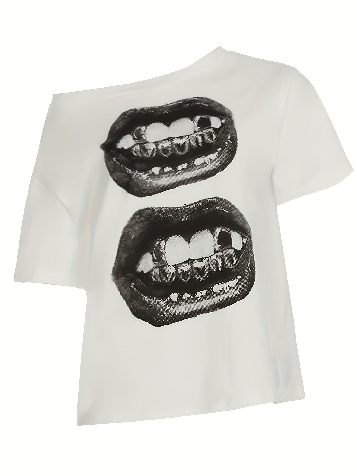 [Edgy Hip-Hop Tee] Edgy Women's Street Hip-Hop Graphic T-Shirt | Off-Shoulder Top, High-Stretch Loose Fit Casual Streetwear for Spring Summer Fall - Hip Hop T Shirt, Seasonal Fashion, Straps As Accessories, Comfortable Clothing
