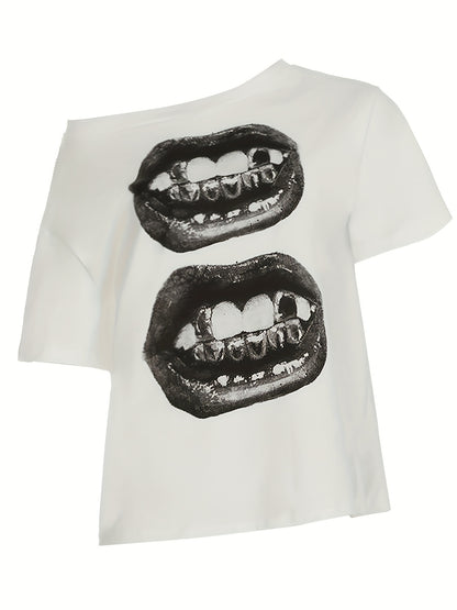 [Edgy Hip-Hop Tee] Edgy Women's Street Hip-Hop Graphic T-Shirt | Off-Shoulder Top, High-Stretch Loose Fit Casual Streetwear for Spring Summer Fall - Hip Hop T Shirt, Seasonal Fashion, Straps As Accessories, Comfortable Clothing