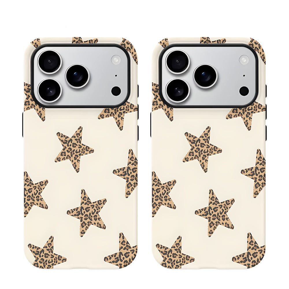 1pc Leopard Print Star Pattern Chic Cool Two-In-One Film Case - Tough, Dual Layered Case for Durable, Drop-proof - for iPhone 17, 16, 15, 14, 13, 12, 11, 8, 7, X, XS, XR, Plus, Air, Pro, Max, Mini, SE2, SE3, Perfect Gift for Friends Family Loved Ones, Ph