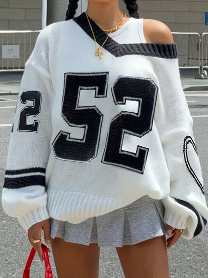 Women'S Elegant V-Neck Sweater with Heart Print - Casual Off-Shoulder Pullover, Black & White, Long Sleeve, Ribbed, Perfect for Office, College, or Casual Attire, Casual Attire Sweater | Offshoulder Fashion | Ribbed Texture
