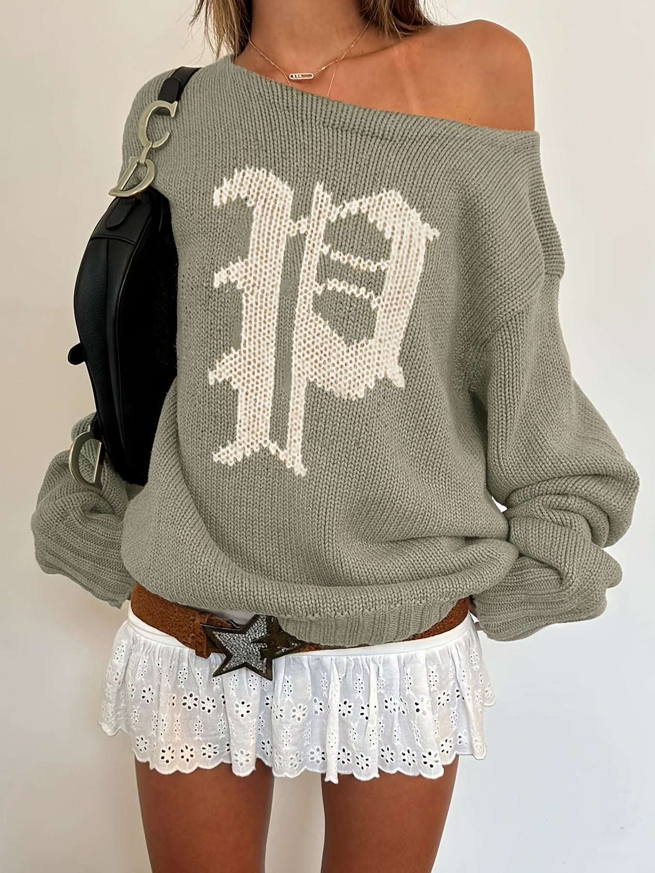 Y2K Oversized Casual Sweater with Letter Graphic - Cozy Round Neck Pullover, Machine Washable Non-Stretch Fall Fashion Top for Women, Cute Sweater, Winter Apparel, Textured Knitwear