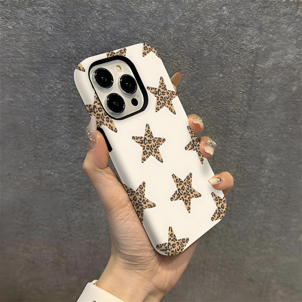 1pc Leopard Print Star Pattern Chic Cool Two-In-One Film Case - Tough, Dual Layered Case for Durable, Drop-proof - for iPhone 17, 16, 15, 14, 13, 12, 11, 8, 7, X, XS, XR, Plus, Air, Pro, Max, Mini, SE2, SE3, Perfect Gift for Friends Family Loved Ones, Ph