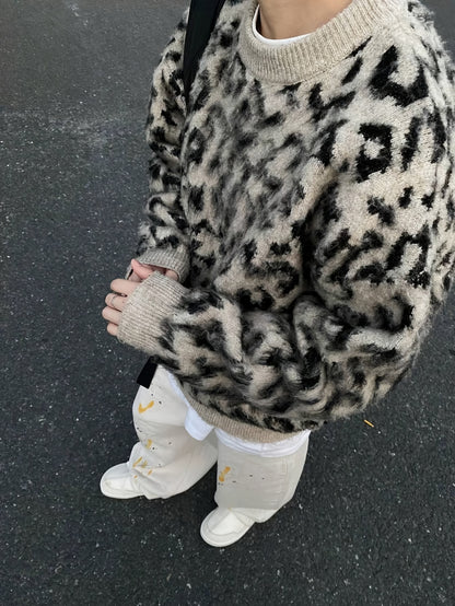 [Leopard Print Sweater] Oversized Men's Leopard Print Faux Fur Sweater | Cozy Fall Winter Knit Top with Round Neck, Black & White Contrast, Relaxed Fit Apparel, Highend Texture, Luxurious Feel Fabric
