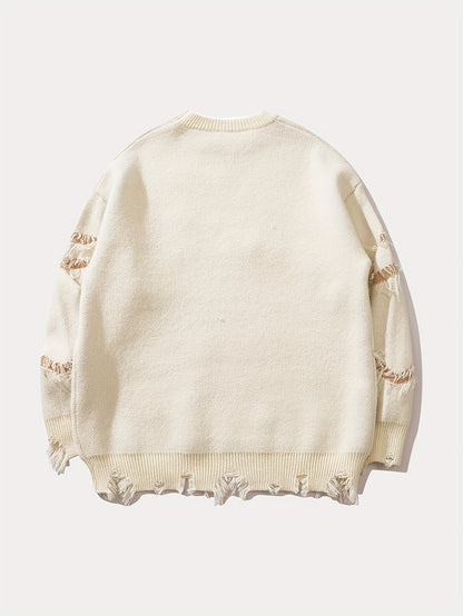 Unisex Street Style Knit Sweater, Fall/Winter Crew Neck Long Sleeve Pullover with Alphabet Print, Ripped Fringe Detail, Loose Fit, 42% Acrylic 28% Polyamide 30% Polyester Knit Fabric