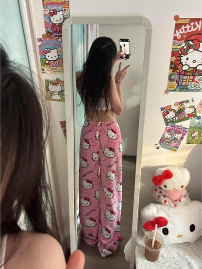 Sanrio Cartoon Hello Kitty Fleece-Lined Lounge Pants for Women, Autumn/Winter Flannel Pajama Pants