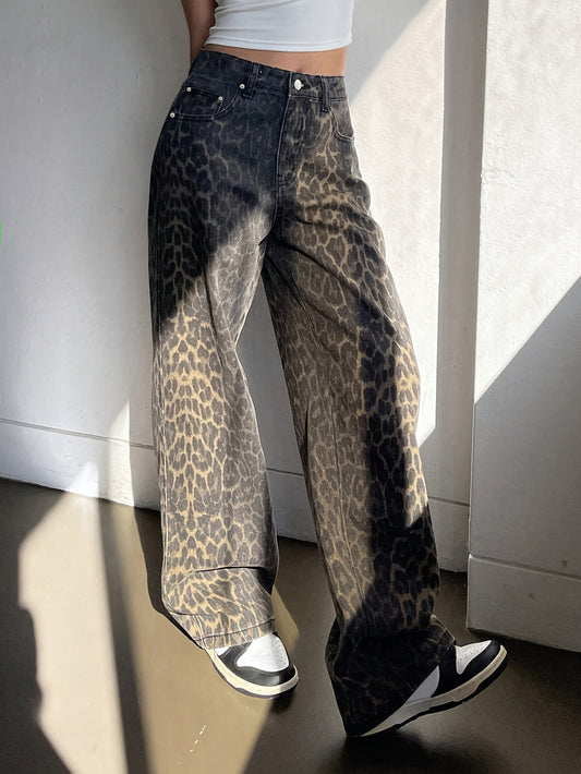 NVFelix Women's Leopard Print Straight Leg Pants - Non-Stretch Fabric, Button Closure & Built-In Zipper, Y2K Retro Streetwear Style with Pockets, All-Season Casual Trousers, Leopard Print Leggings, Highquality Fabric