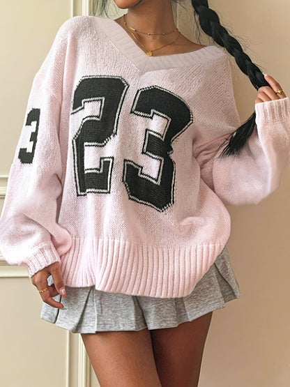Women's Elegant V-Neck Sweater with Ribbed Detailing & Letter Print - Soft Medium-Stretch Long Sleeve Pullover for Spring/Autumn, Casual to Office Wear, Cute Sweater, Autumn Apparel, Soft Texture