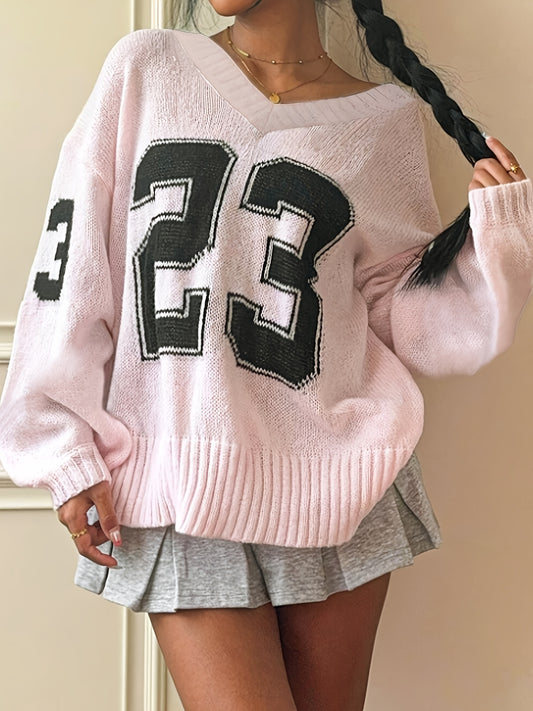 Women's Elegant V-Neck Sweater with Ribbed Detailing & Letter Print - Soft Medium-Stretch Long Sleeve Pullover for Spring/Autumn, Casual to Office Wear, Cute Sweater, Autumn Apparel, Soft Texture