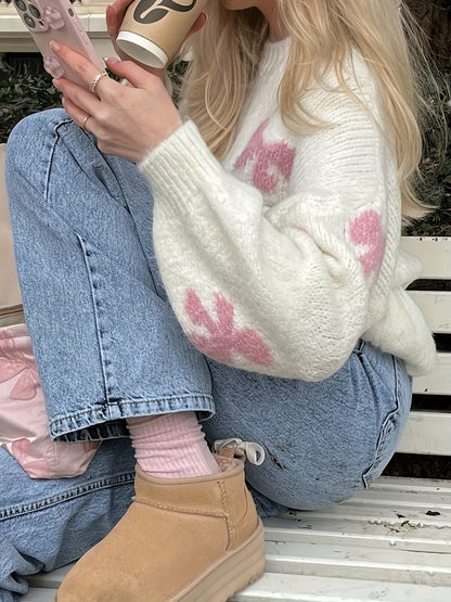 Elegant Butterfly Bow Pattern Sweater for Women - Long Sleeve, Round Neck, Soft & Cozy, Perfect for Spring, Summer, Fall, and Winter Outfits, Cute Sweaters