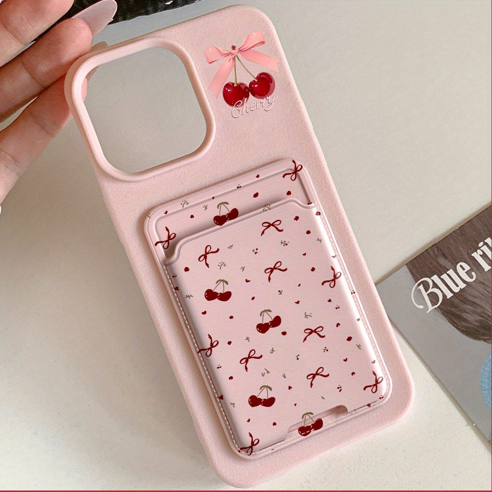 [Pink Phone Case] 2pcs Apple Mobile Phone Case | Self-adhesive Card Holder, Bow Cherry Pink Frosted, Anti-fall Protective Cover for 16PROMAX/16PLUS/16PRO/16/15PROMAX/15PLUS/15PRO/15/14PROMAX/14PLUS/14PRO/14/13PROMAX/13PRO/13/12PROMAX/12PRO/12 11PROMAX/11