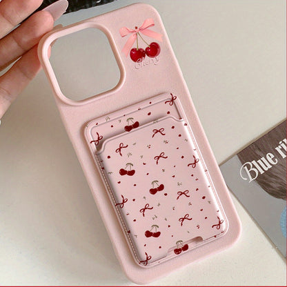 [Pink Phone Case] 2pcs Apple Mobile Phone Case | Self-adhesive Card Holder, Bow Cherry Pink Frosted, Anti-fall Protective Cover for 16PROMAX/16PLUS/16PRO/16/15PROMAX/15PLUS/15PRO/15/14PROMAX/14PLUS/14PRO/14/13PROMAX/13PRO/13/12PROMAX/12PRO/12 11PROMAX/11