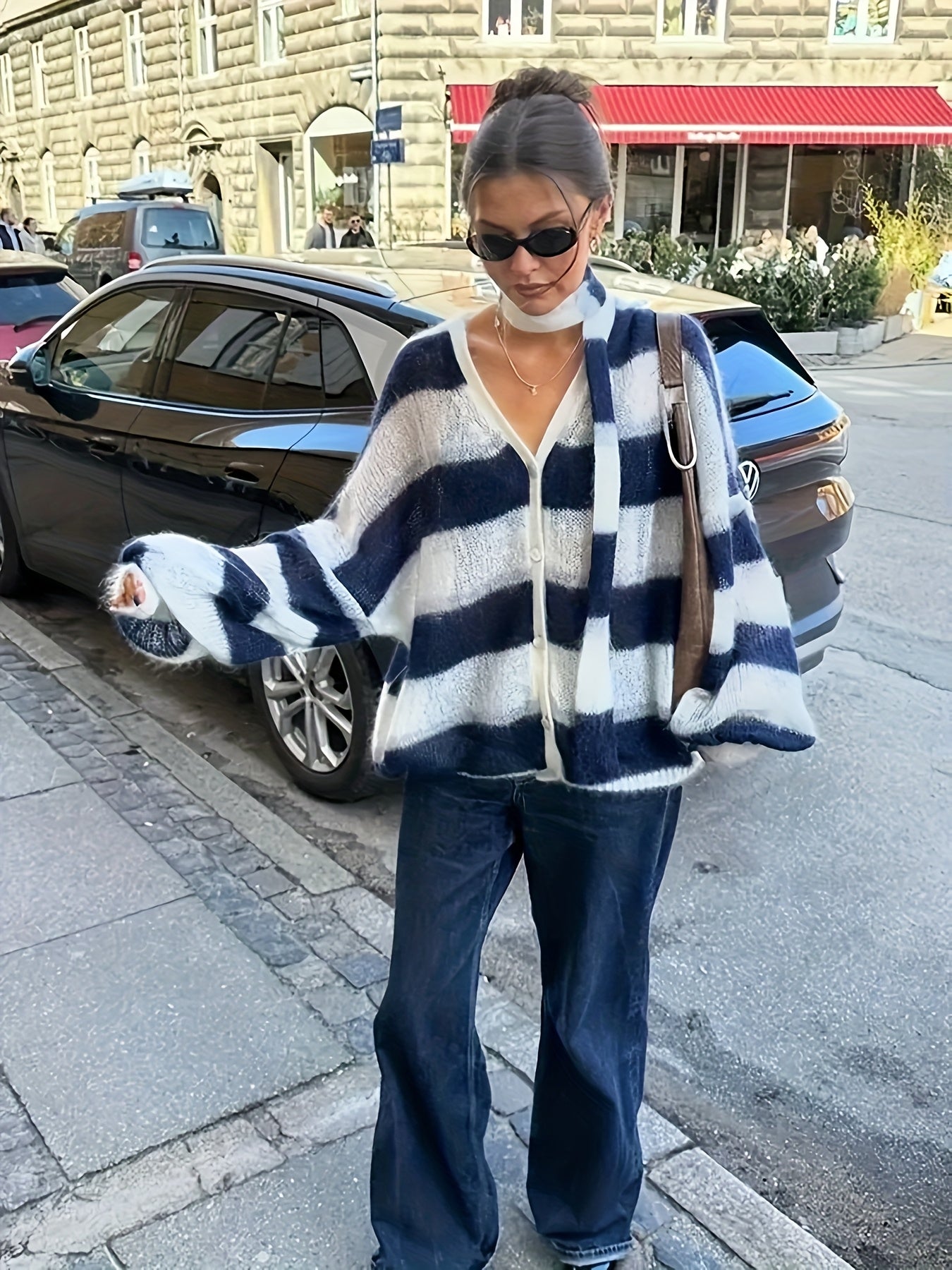 Women'S Elegant Deep Royal Blue Striped V-Neck Cardigan - Loose Fit Long Sleeve Sweater with Button Front, Warm Fall Winter Layering Essential, Stylish Scarf, Ladies Sweaters