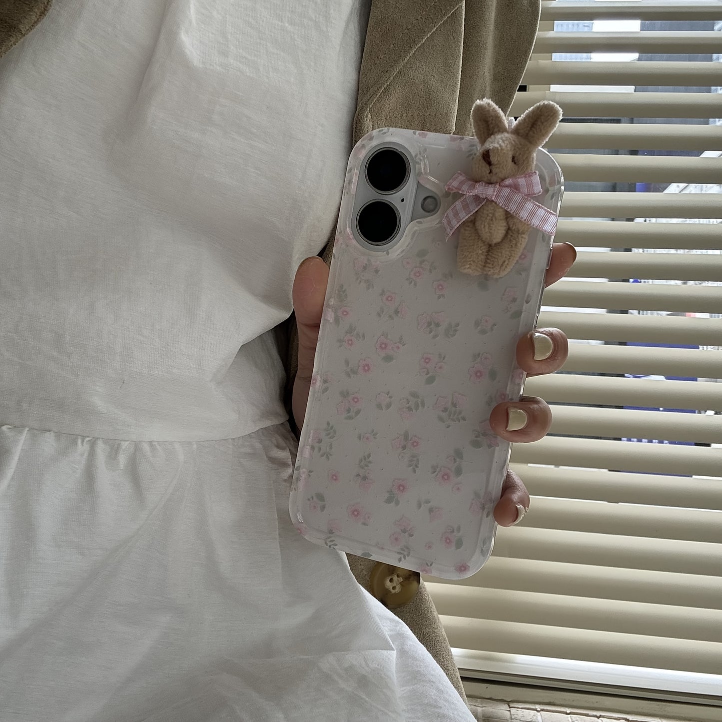 Girl Floral White Phone Case - Soft, Full-Coverage, 3D Pink Lattice Bow, Suitable for iPhone 11/12 Pro/13/14 Pro Max/15 Pro/16