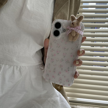 Girl Floral White Phone Case - Soft, Full-Coverage, 3D Pink Lattice Bow, Suitable for iPhone 11/12 Pro/13/14 Pro Max/15 Pro/16