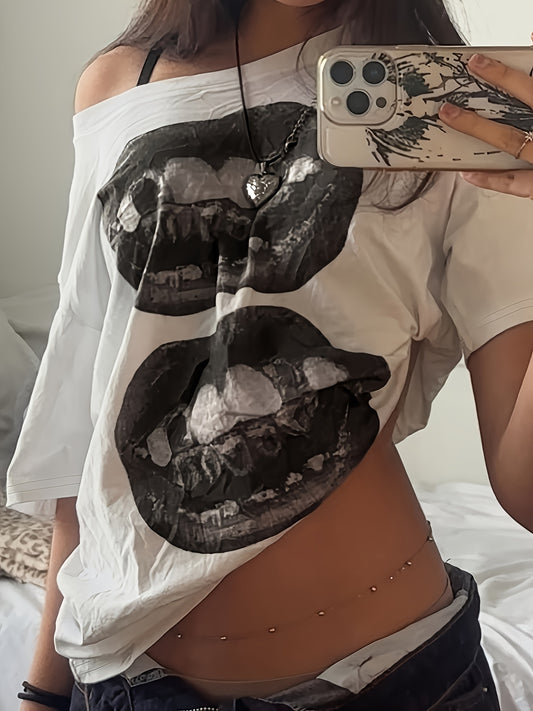 [Edgy Hip-Hop Tee] Edgy Women's Street Hip-Hop Graphic T-Shirt | Off-Shoulder Top, High-Stretch Loose Fit Casual Streetwear for Spring Summer Fall - Hip Hop T Shirt, Seasonal Fashion, Straps As Accessories, Comfortable Clothing