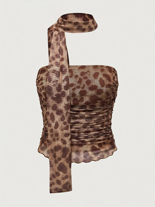 Women'S Y2K Elegant Peach Leopard Print Ruched Top - Sleeveless, Stretchy Polyester Blend, Knee-Length with Tie-Front Detail, Perfect for Spring/Summer/Fal