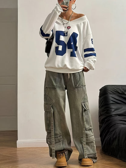 54 Print Casual Long Sleeve V-Neck Sports Sweatshirt - Polyester Oversized Knit Pullover with Slight Stretch for Teens - Spring/Fall