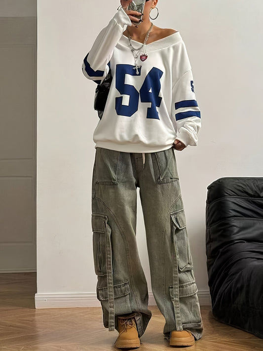 54 Print Casual Long Sleeve V-Neck Sports Sweatshirt - Polyester Oversized Knit Pullover with Slight Stretch for Teens - Spring/Fall