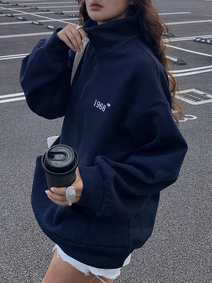 Women'S Cozy Fleece-Lined Sweatshirt with "I Love Myself" Graphic - Long Sleeve, Button-Up Front, Casual Fall/Winter Wear, Navy Blue with White Lettering, Casual Wear | Cozy Fleece Sweatshirt | Construction, Sweater Hoodie