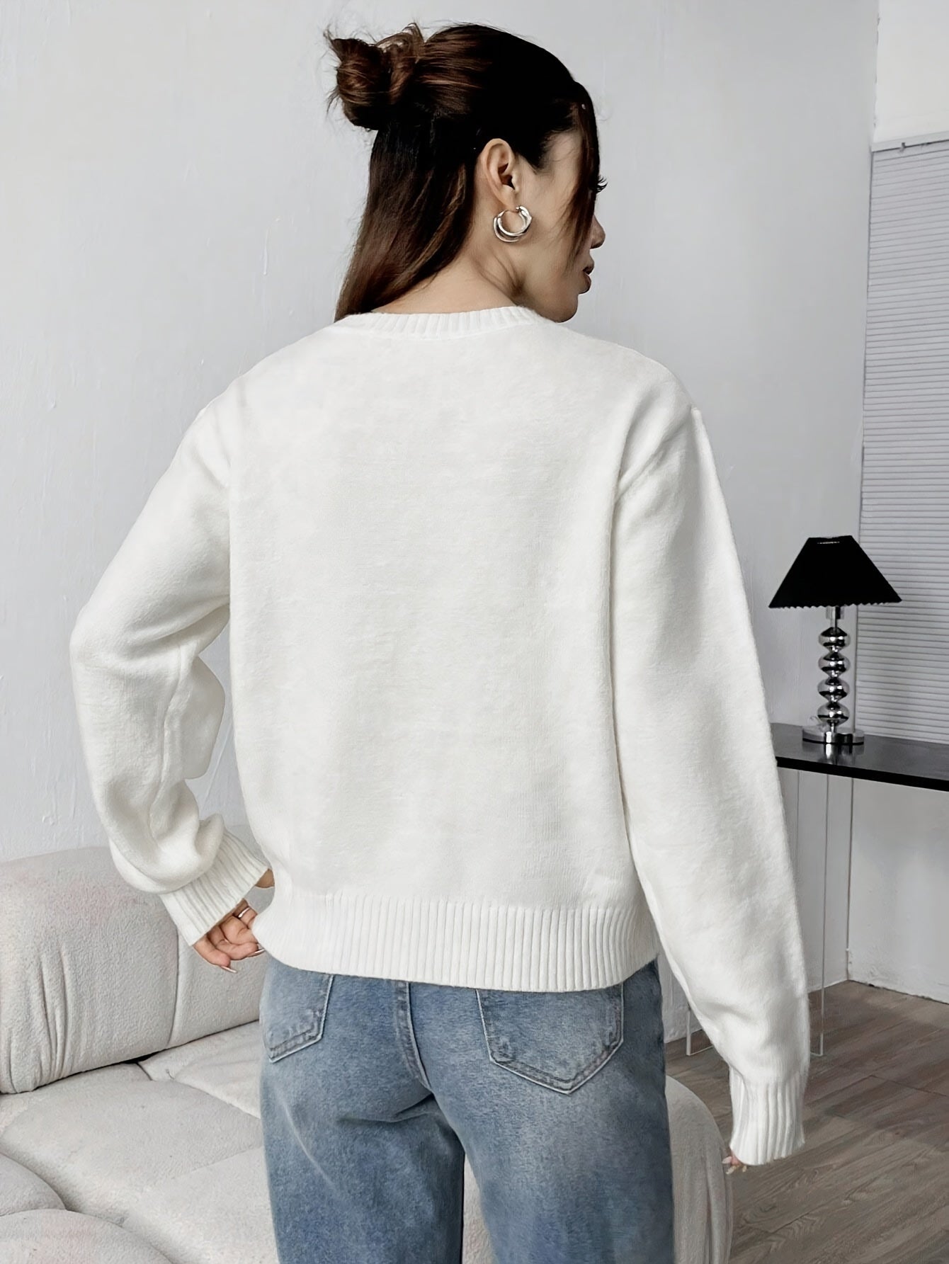 [American Flag Sweater] Elegant Women's American Flag Print Sweater | Loose Fit Round Neck Long Sleeve Top with Red & White Contrast, Semi-Sheer Fall Winter Fashion, Hand Wash/Dry Clean, Classic Sweater for Ladies, Casual Wear, Texture