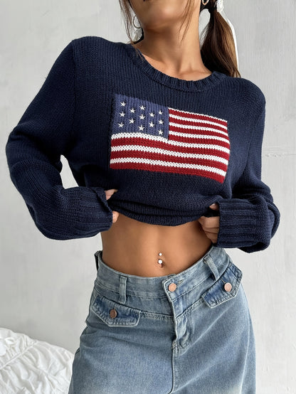 [American Flag Sweater] Elegant American Flag Sweater | Women's Geometric Pattern Round Neck Long Sleeve - Red White & Blue Casual, All-Season Comfort, Hand Wash/Dry Clean, Everyday Comfort, Versatile Fashion, Comfortable Fit