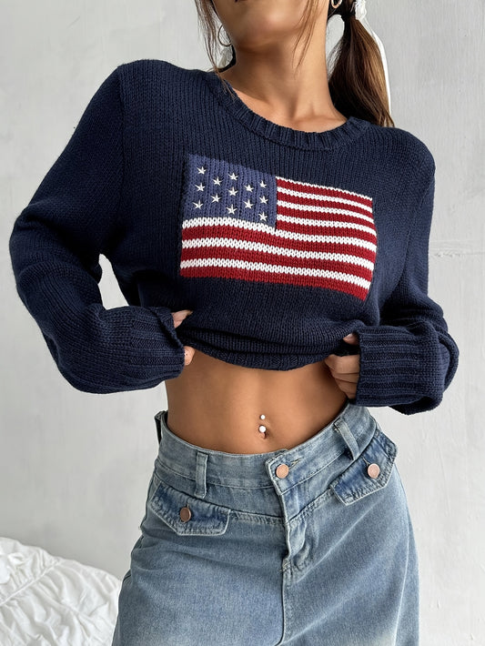 [American Flag Sweater] Elegant American Flag Sweater | Women's Geometric Pattern Round Neck Long Sleeve - Red White & Blue Casual, All-Season Comfort, Hand Wash/Dry Clean, Everyday Comfort, Versatile Fashion, Comfortable Fit