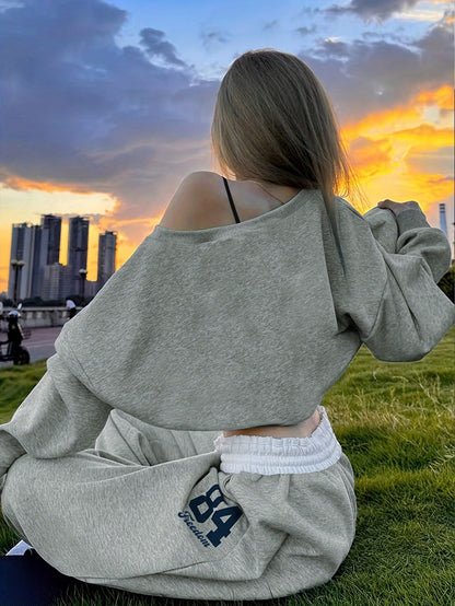 Women'S Fashionable Casual Off-the-shoulder Top and Trousers Two-piece Set, Loose-fitting Geometric Print Trousers, Long Sleeves, Loose Fit, Digital Print, Drawstring Detail, Suitable for Casual Attire, Combining Comfort and Fashion.